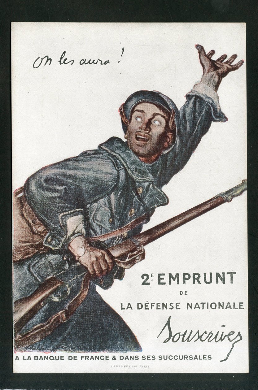 Carte postale, satirique en couleurs : Guerre de 14-18, Emprunt, Journées patriotiques - Illustration de soldats par Abel Faivre - Jules Abel Faivre