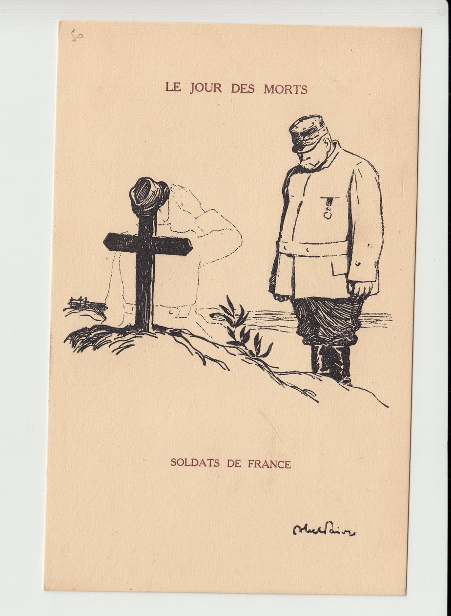 Carte postale, Satirique en N & B, vers 1915 : Jour des morts - Guerre de 14-18, Deuil Obsèques Funérailles - Joffre, Soldats Illustration par Abel Faivre - Jules Abel Faivre