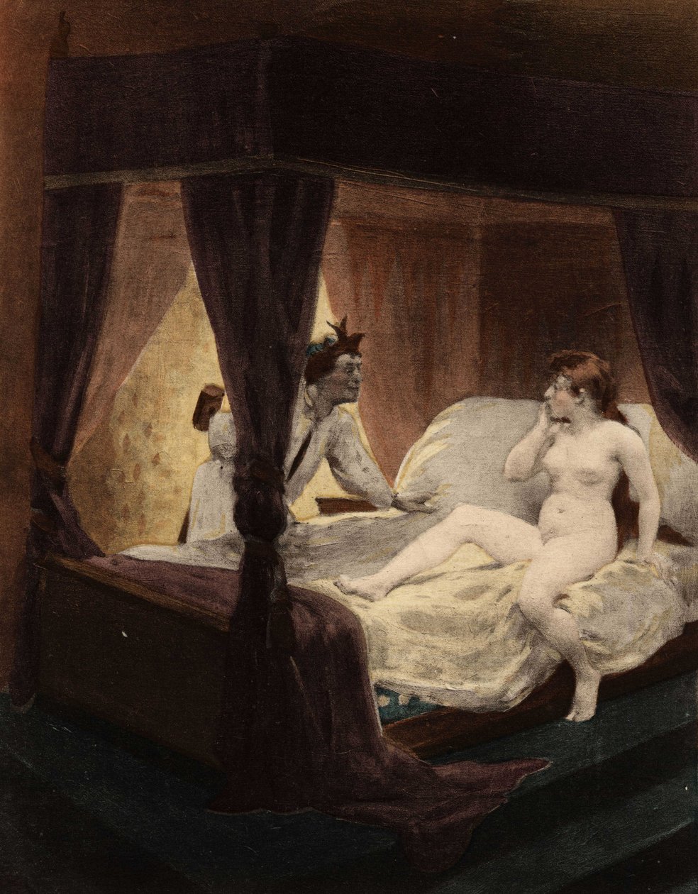 Le Grand Thibeault cache un maillet derrière son dos. Sa femme est allongée sur le lit. Pantagruel. Illustration de Jules Garnier. Dans "Rabelais et l