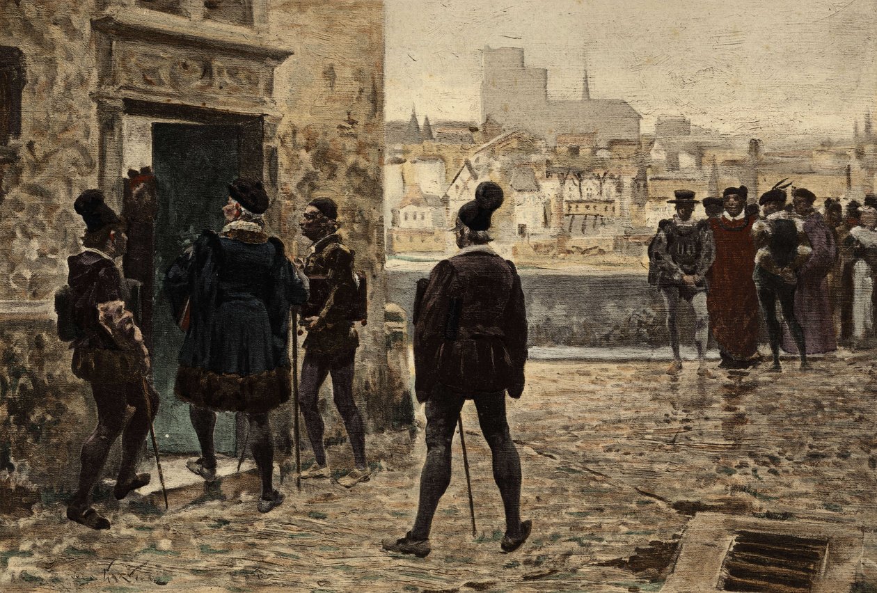 Maître Janotus (Ianotus) de Bragmardo devant la maison parisienne de Gargantua. Gargantua. Illustration de Jules Garnier. Dans "Rabelais et l