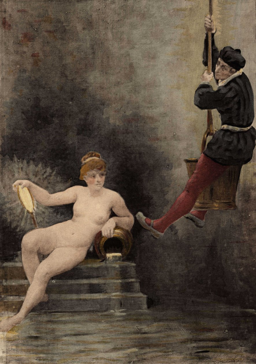 Panurge descendant dans le puits ou, selon Héraclite (Heraclitus), la vérité symbolisée par une femme. Pantagruel. Illustration de Jules Garnier. Dans "Rabelais et l
