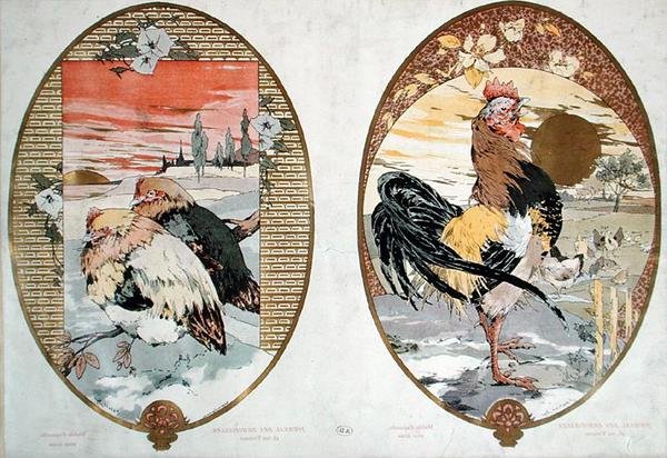 Coq et poules, design pour un écran, vers 1900 - Jules Auguste Habert Dys