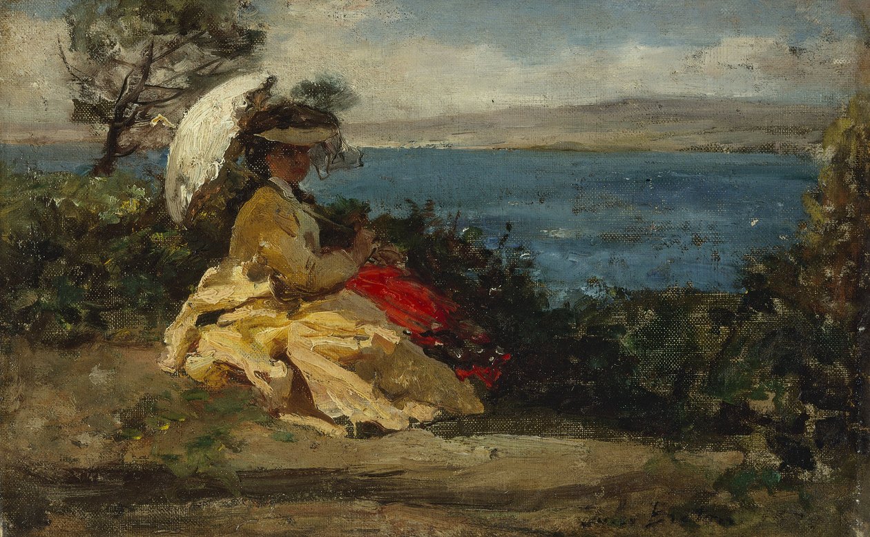 Femme avec parasol, baie de Douarnenez, entre 1870 et 1875 - Jules Breton