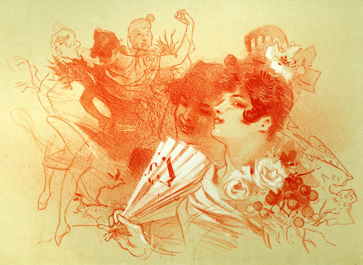 Au bal - dessin (sanguine) par Jules Chéret (1836 - 1932) - jeunes femmes et danseurs - danse - collection privée - Jules Cheret