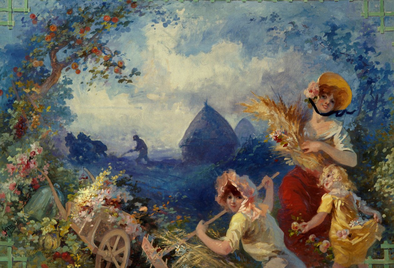 La Terre, allégorie représentant des jeunes femmes tenant des gerbes de blé sur fond de moisson - Jules Cheret