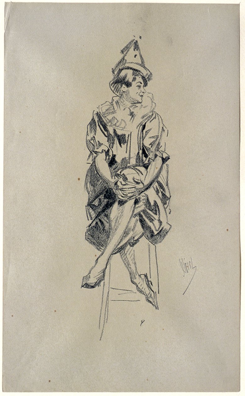 Clown femme assise, les jambes croisées et les mains jointes sur le genou gauche - Jules Cheret