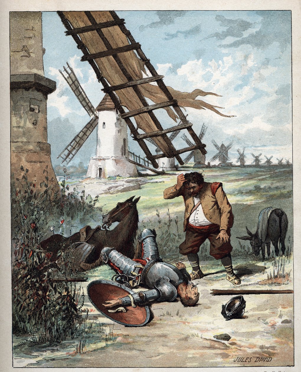 Don Quichotte et les moulins à vent - Illustration de Jules David (1808-1892) de l
