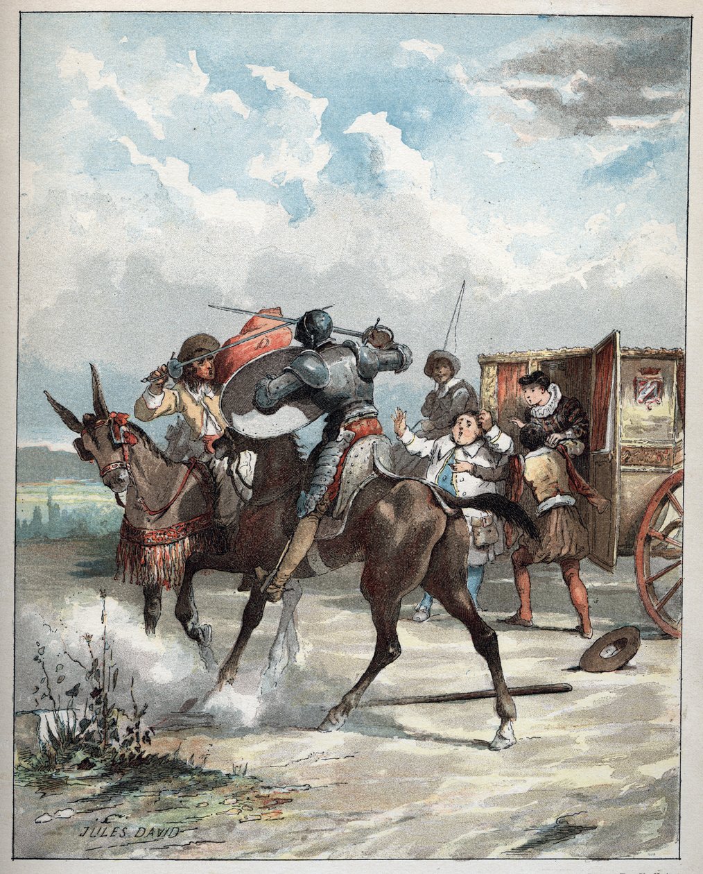 Don Quichotte attaquant son ennemi - Don Quichotte, sur son cheval, se précipite sur son ennemi - Illustration de Jules David (1808-1892) de "Histoire de Don Quichotte" - 1887 - par Miguel de Cervantes Saavedra (1547-1616) - Jules David