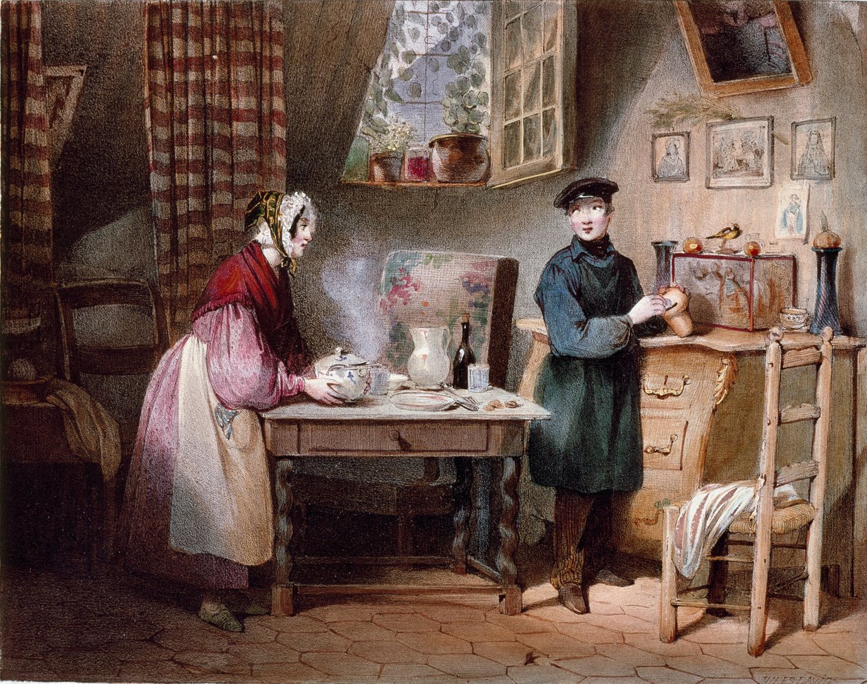 Économie. Jeune couple dans une maison : la femme met une gorgée sur la table et l