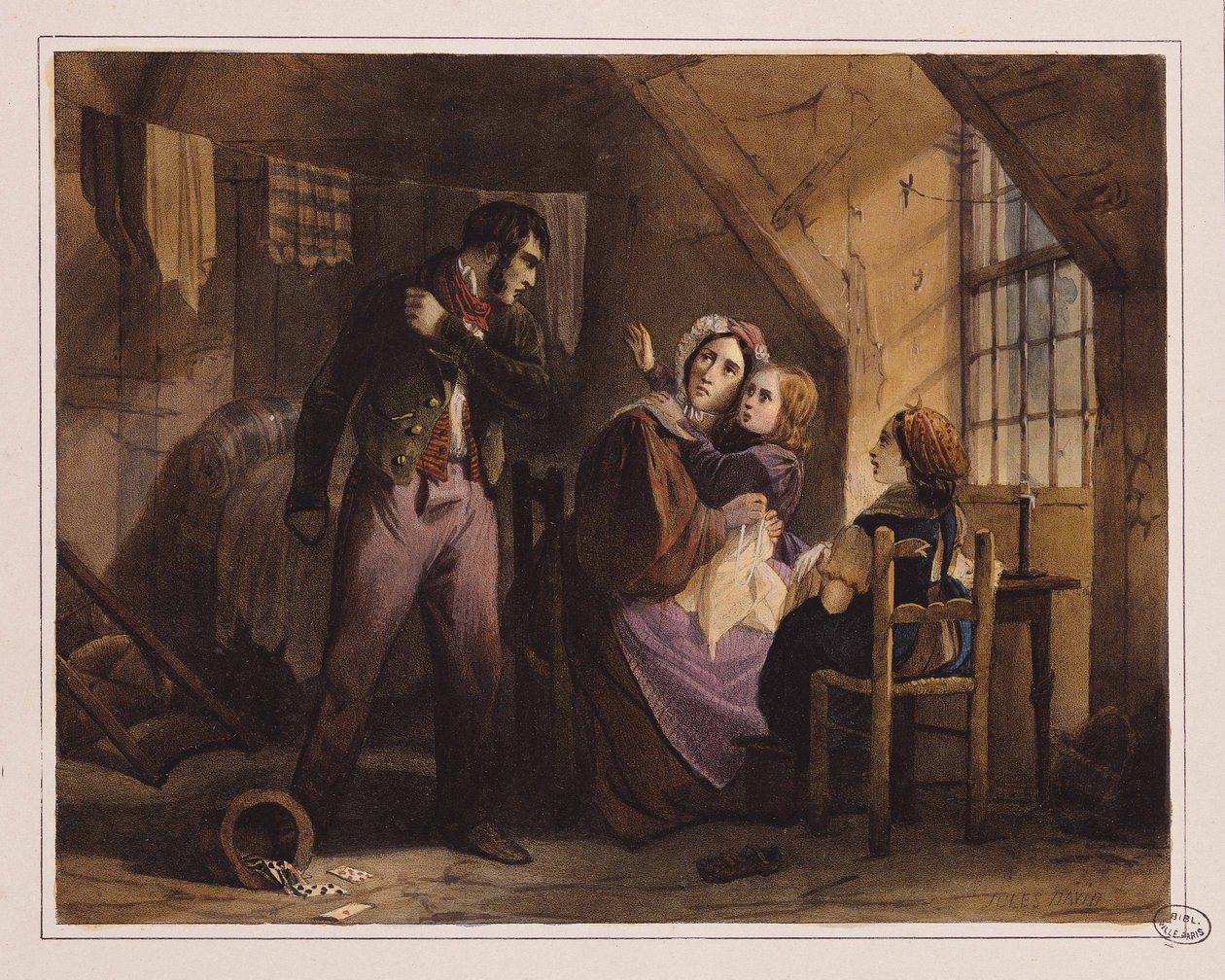Le vice et la vertu : Misère (lithographie couleur) - Jules David