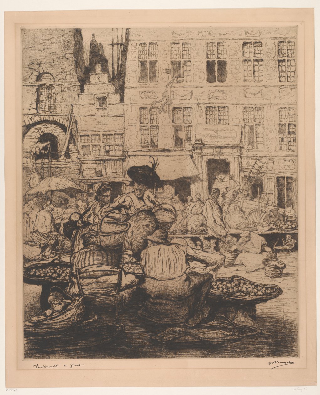 Vue de la ville avec marché aux fruits à Gand - Jules De Bruycker (signed by artist)