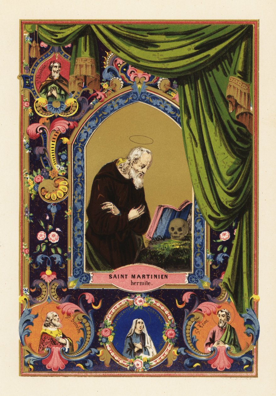 Portrait de Saint Martinien, ermite de Césarée en Palestine, avec auréole, lisant la Bible appuyé contre un crâne humain, dans une bordure décorative de rideaux et de feuillage - Jules Desportes