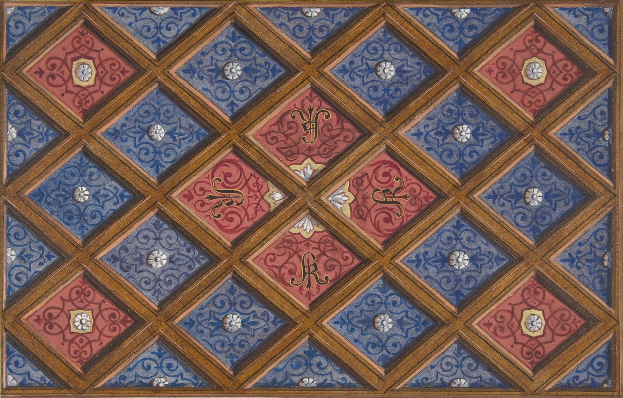 Design pour un plafond à caissons avec initiales peintes : SRI, 1840-97. Créateurs : Jules-Edmond-Charles Lachaise, Eugène-Pierre Gourdet - Jules Edmond Charles Lachaise and Eugène Pierre Gourdet