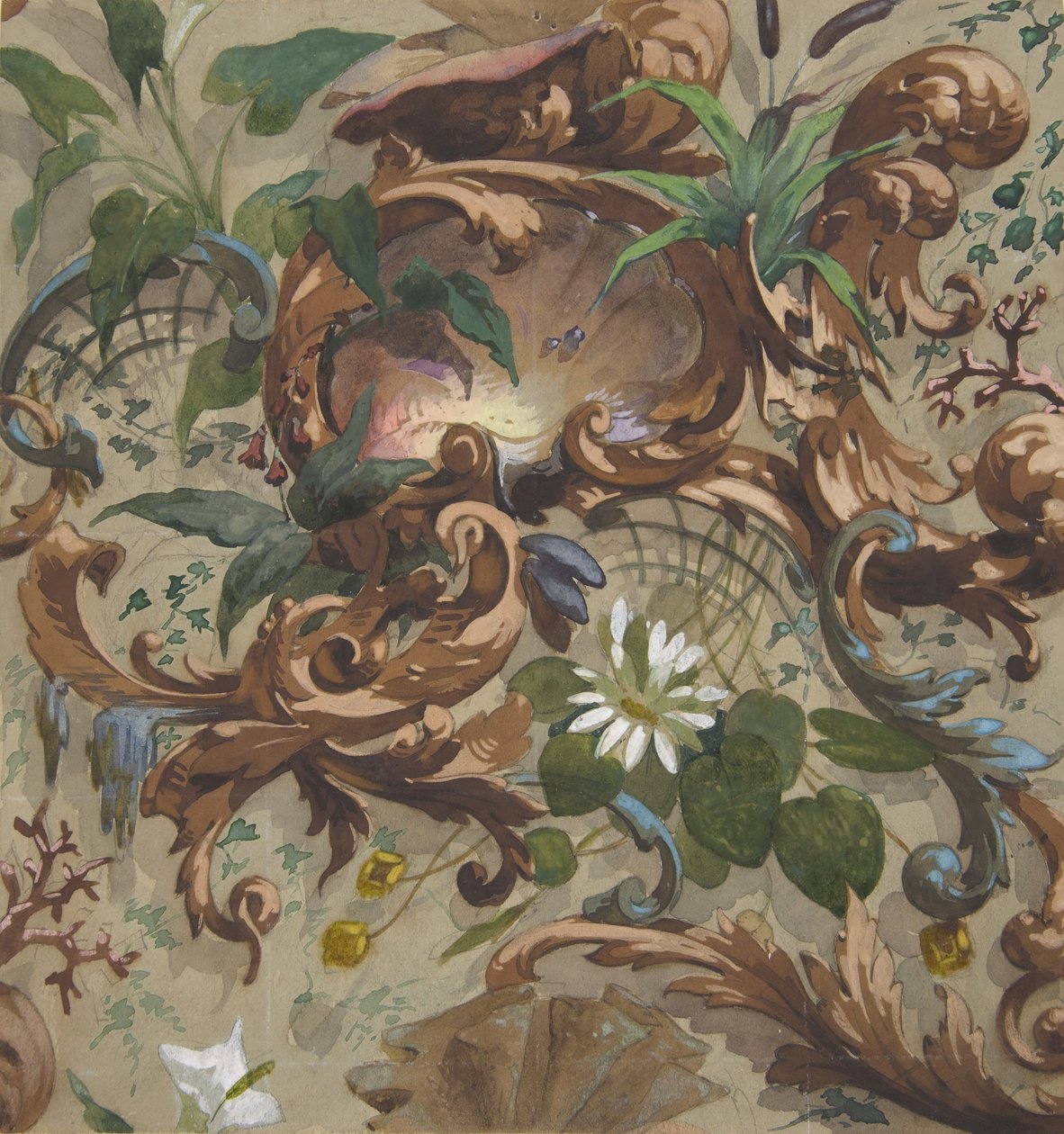 Conception pour papier peint avec coquillages, nénuphars et quenouilles, 1830-97. Créateurs : Jules-Edmond-Charles Lachaise, Eugène-Pierre Gourdet - Jules Edmond Charles Lachaise and Eugène Pierre Gourdet