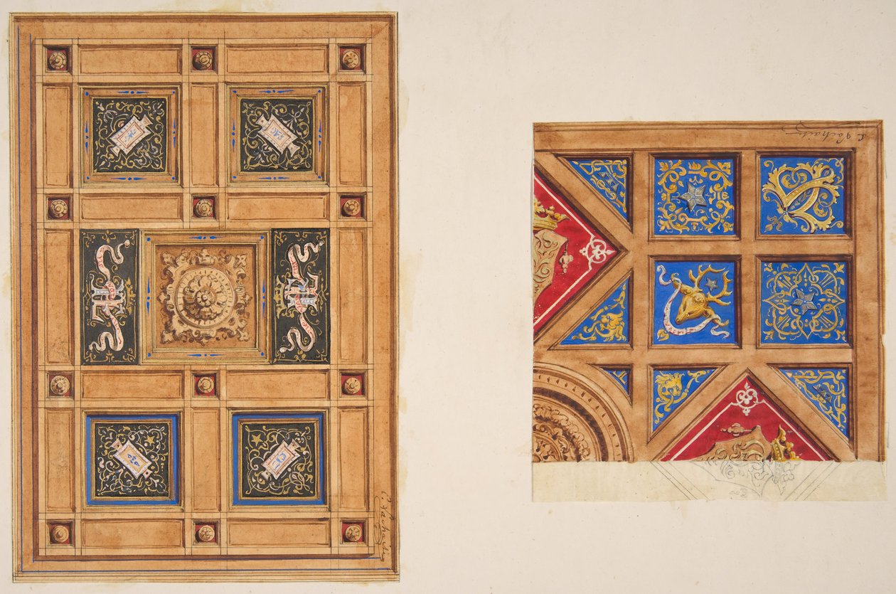 Deux dessins pour plafond à panneaux avec décoration peinte, 19ème siècle - Jules Edmond Charles Lachaise and Eugène Pierre Gourdet
