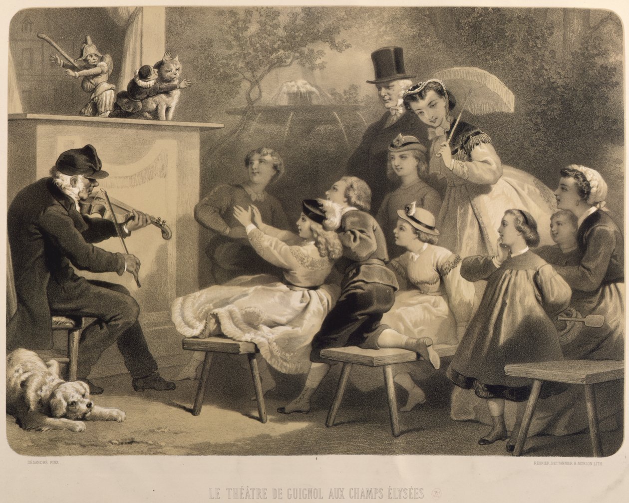 Le Théâtre Guignol, Champs-Élysées, gravé par Claude Regnier, Bettanier et Morion - Jules Marie Desandre