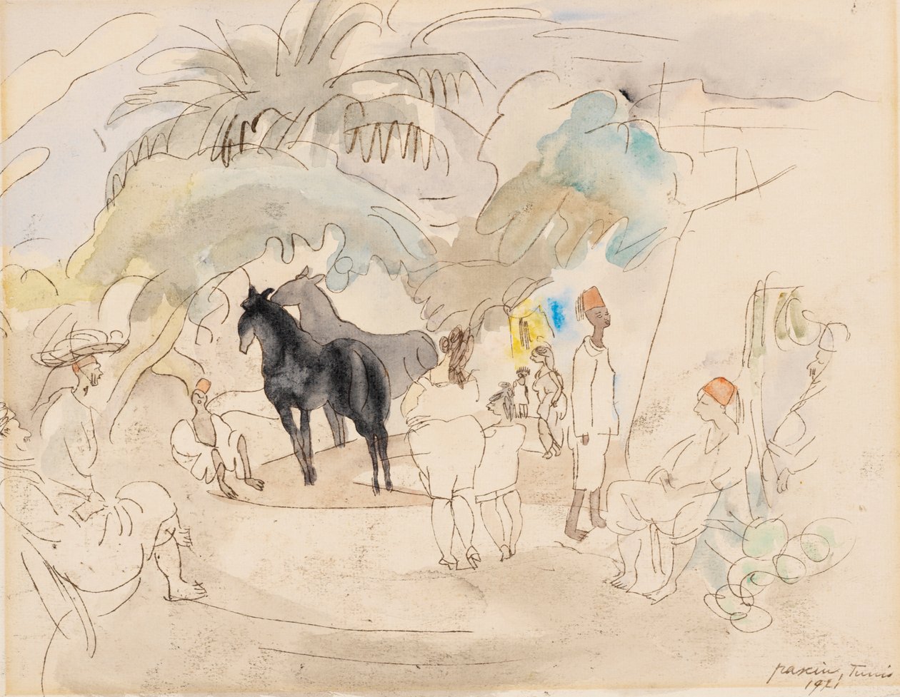 Figures et deux chevaux dans un paysage, 1921 - Jules Pascin