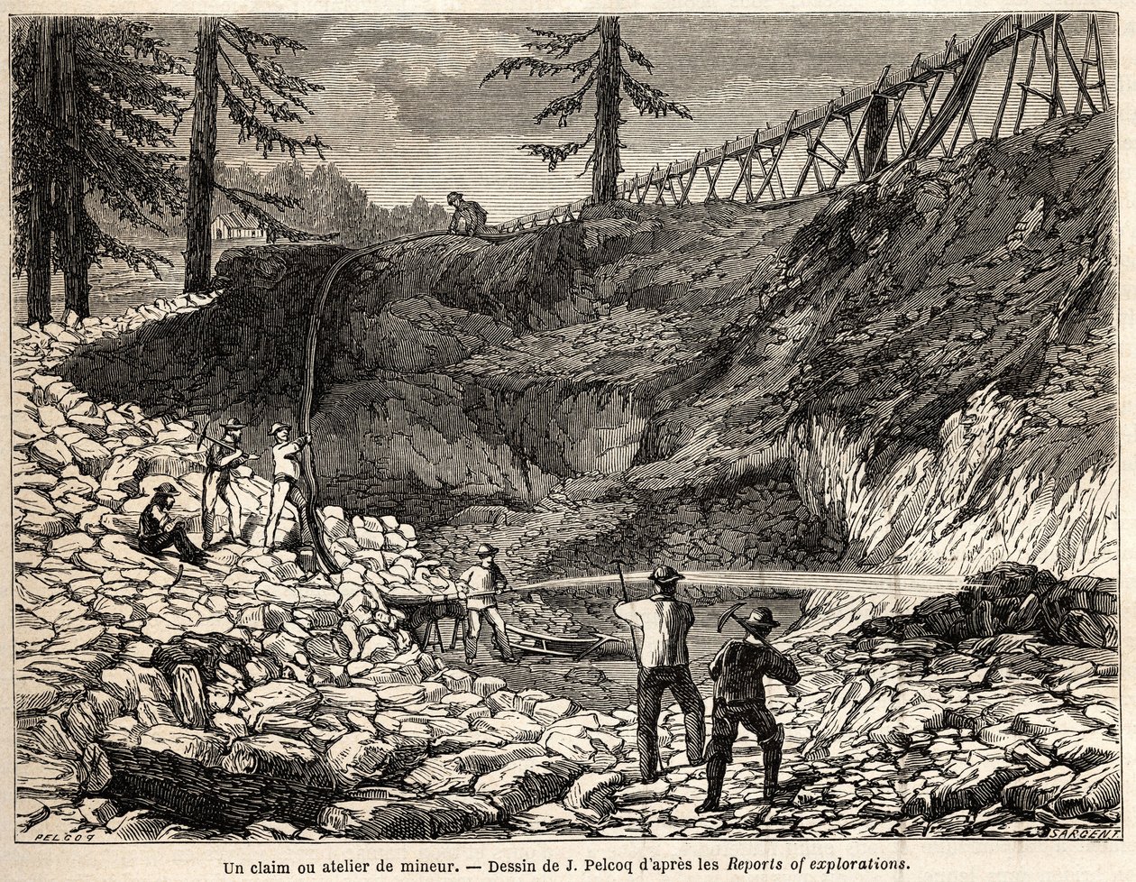 Une concession minière ou atelier en Californie, dessin de Jules Pelcoq, pour illustrer le voyage du Baron de Wogan en Californie en 1850-1852. Gravure dans « Le tour du monde, nouveau journal des voyages » Paris - Jules Pelcoq
