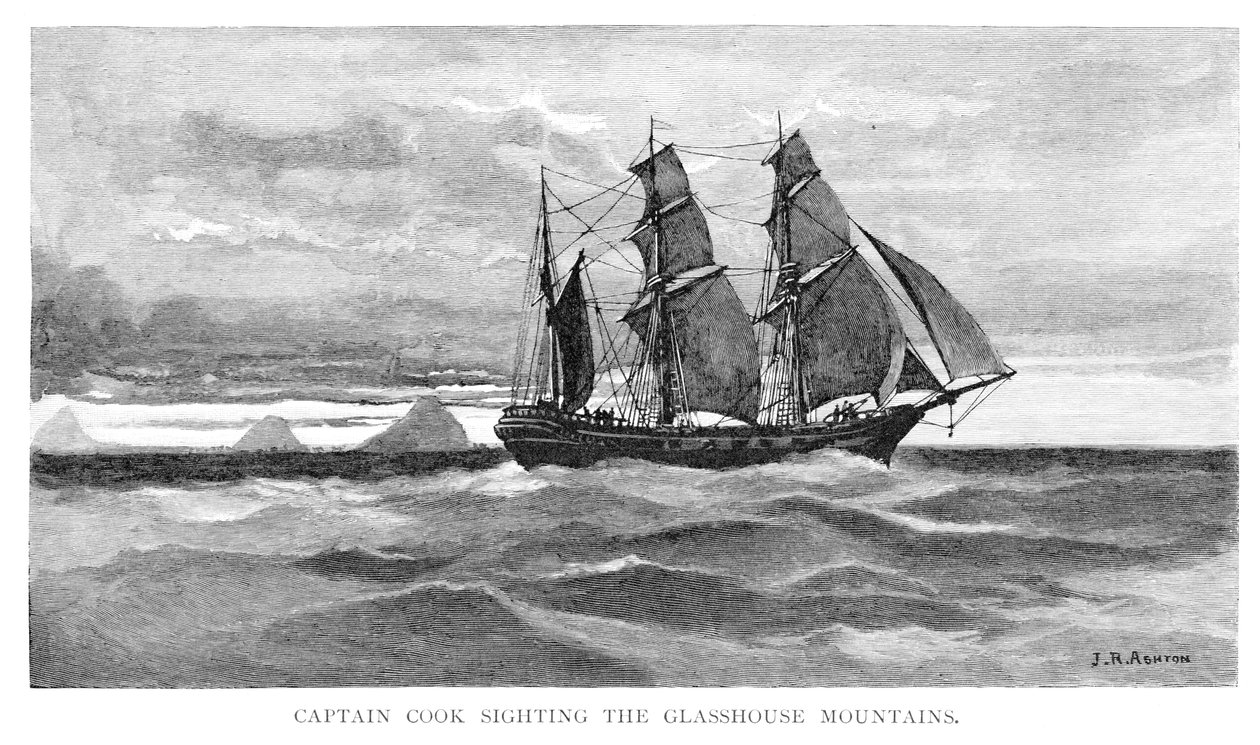 Le capitaine Cook apercevant les Glasshouse Mountains, 1770, Queensland, Australie, 1886 - Julian Ashton