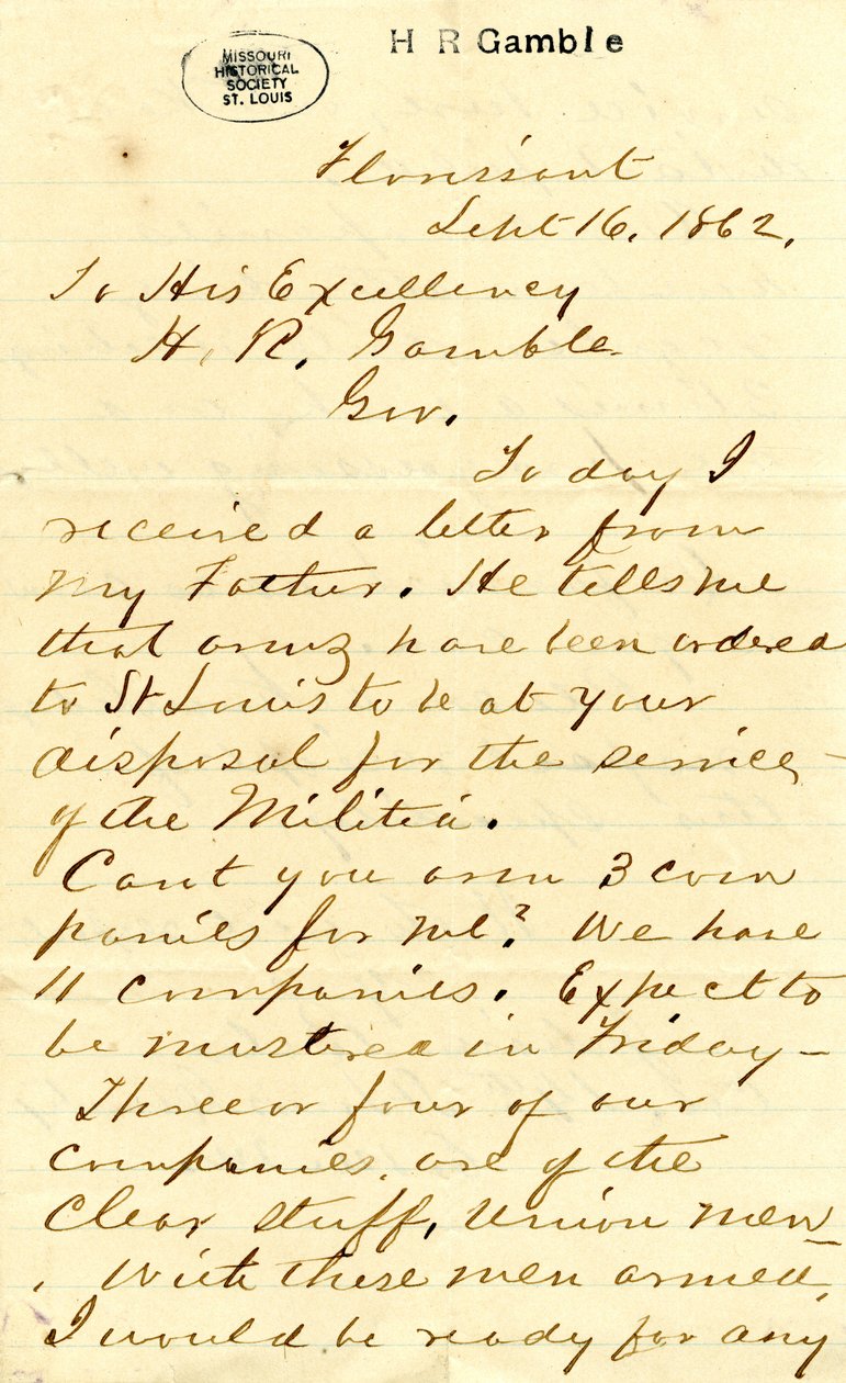 Lettre signée Julian Bates, Florissant, à Son Excellence H.R. Gamble, 16 septembre 1862 - Julian Bates