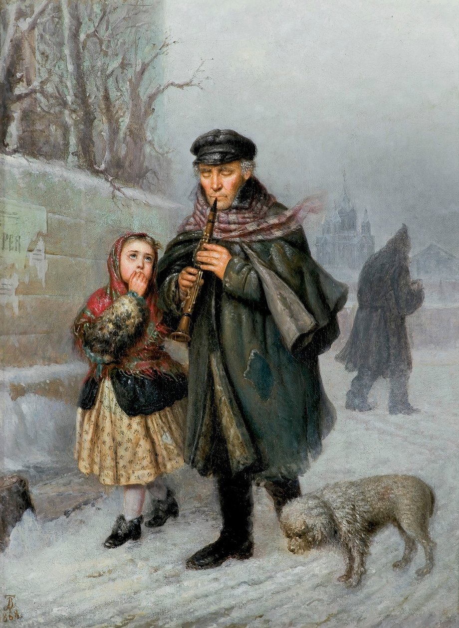 Clarinettiste - Scène de rue à Saint-Pétersbourg (clarinettiste mendiant avec fille et chien). - Julian Bończa Tomaszewski