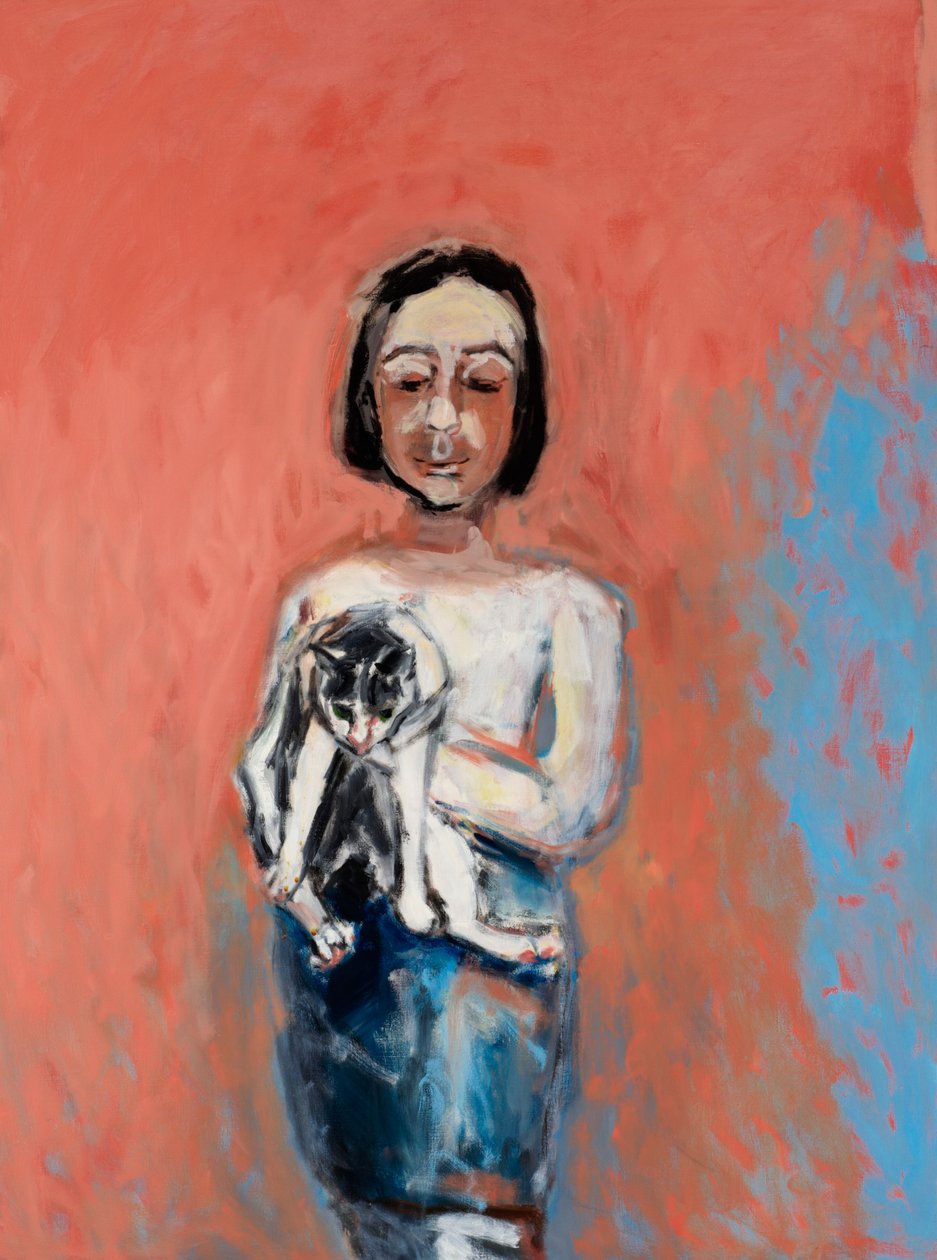 Fille avec un chat, 2000 (huile sur toile) - Julie Held