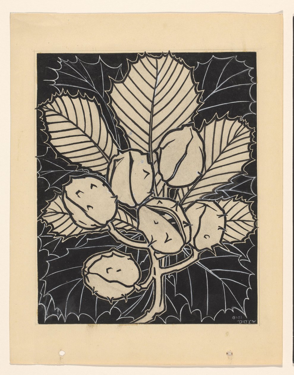 Feuille de châtaignier avec fruits - Julie de Graag (signed by artist)