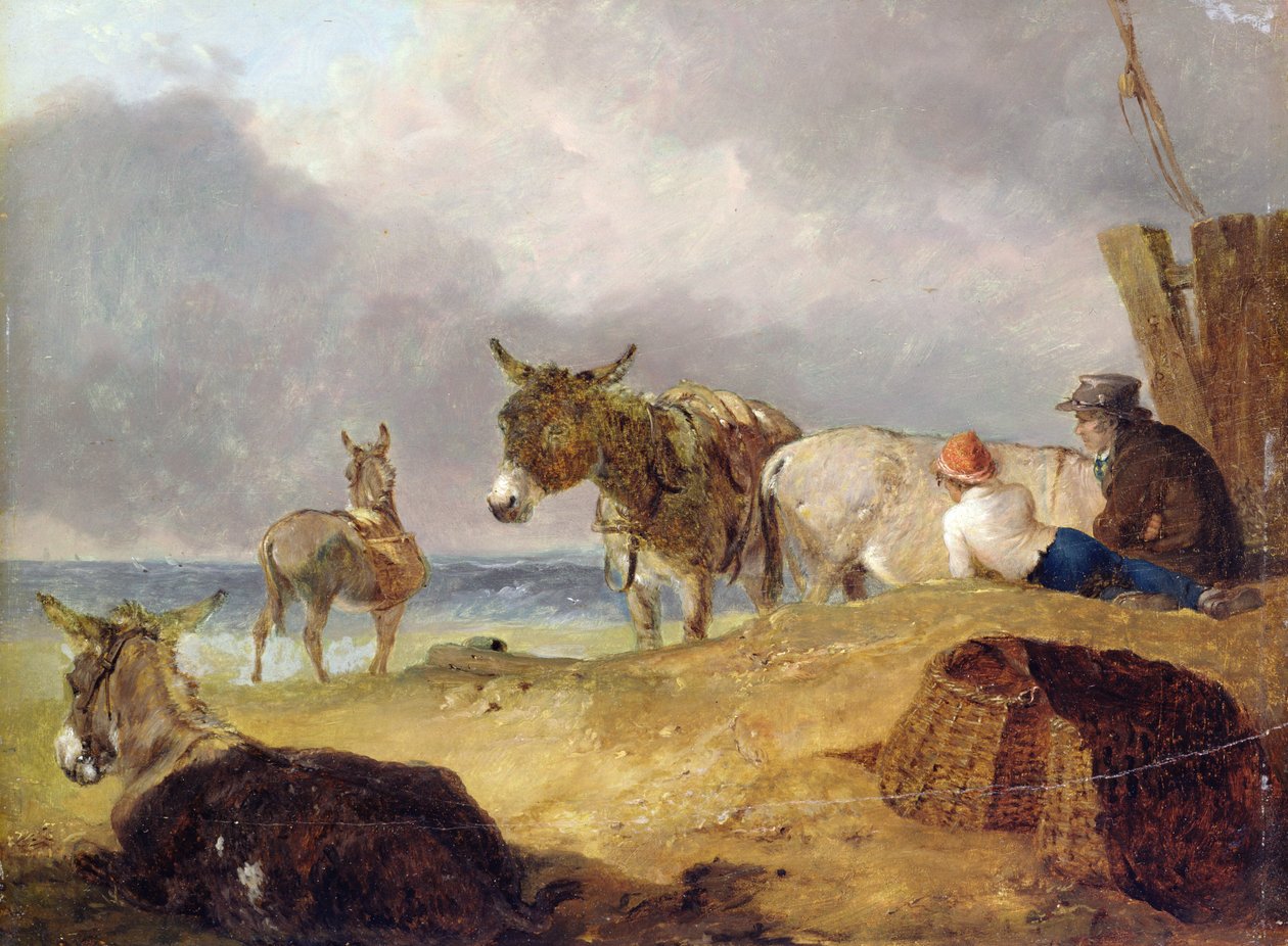 Ânes et personnages sur une plage - Julius Caesar Ibbetson