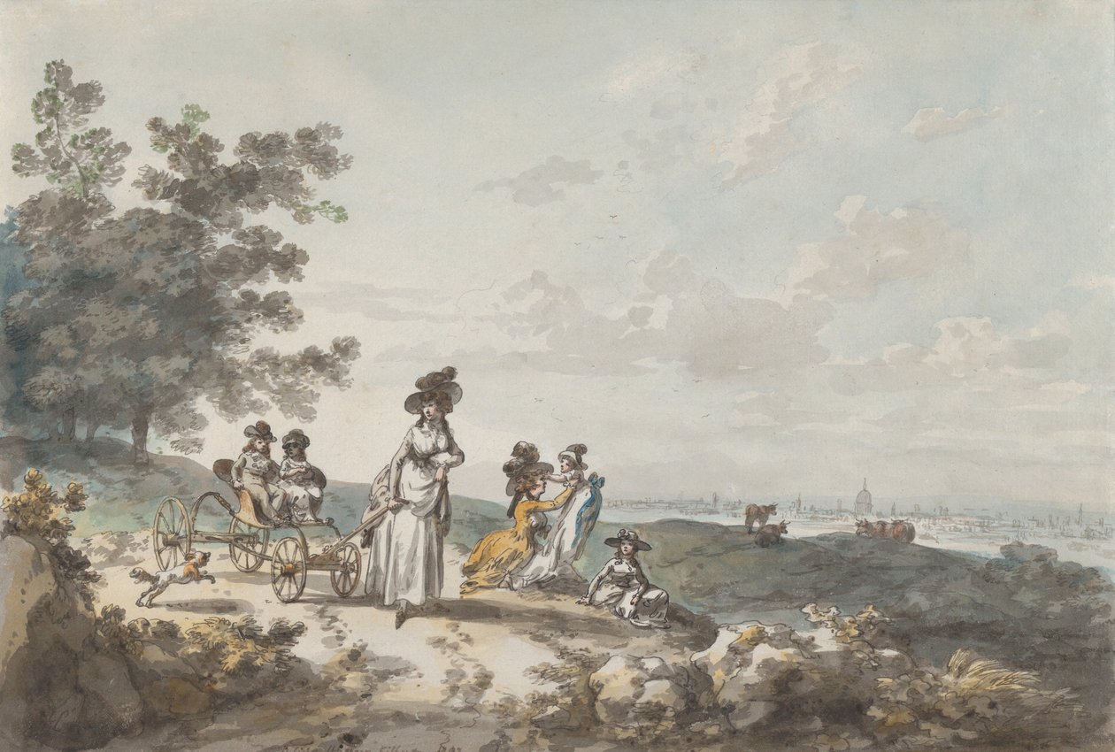 Vue de Londres avec St. Paul au loin : Femme et enfants avec une poussette - Julius Caesar Ibbetson