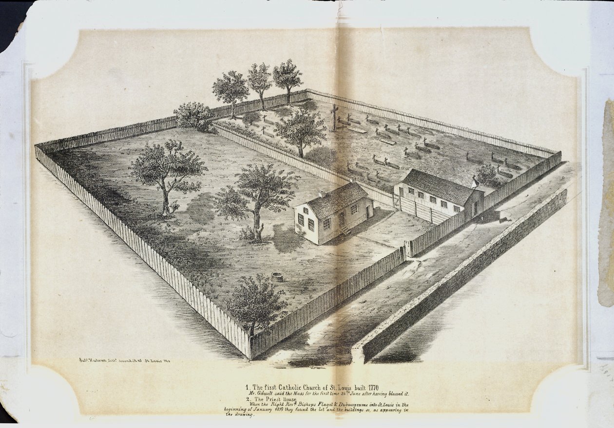 La première église catholique à St. Louis construite en 1770. M. Gibault a dit la messe pour la première fois le 24 juin après l