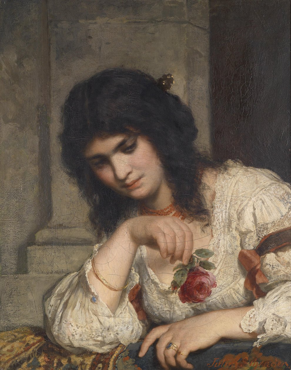 Dame à la balustrade avec une rose - Julius Schrader
