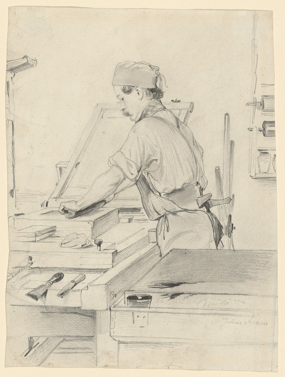Autoportrait travaillant à une presse lithographique - Julius Adam the Elder