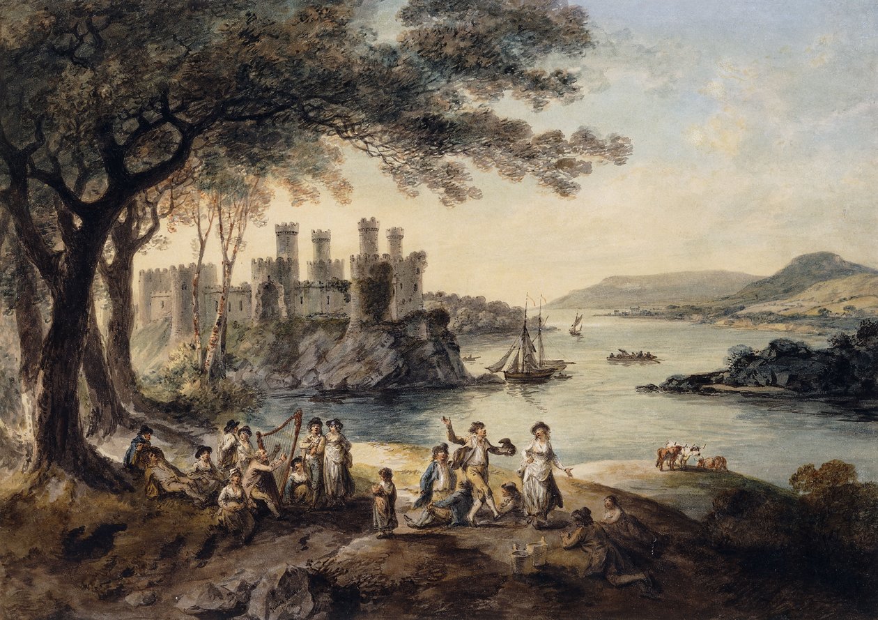 Château de Conway, avec John Smith "Le Harpiste Aveugle" au premier plan - Julius Caesar Ibbetson