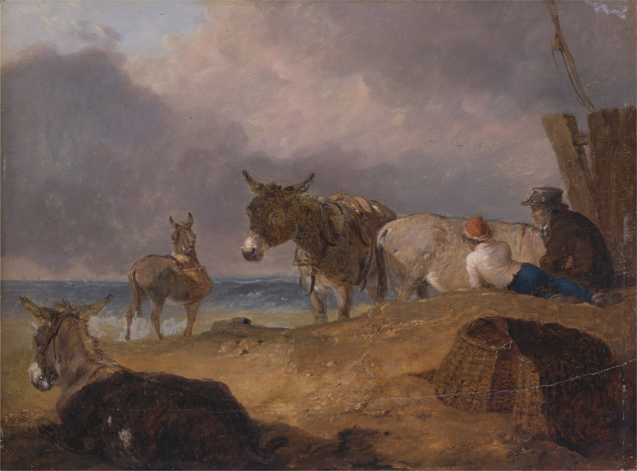 Ânes et personnages sur une plage - Julius Caesar Ibbetson