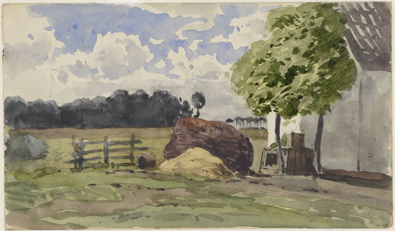 Tas de bois pour une ferme dans le pré - Julius Jacobus van de Sande Bakhuyzen