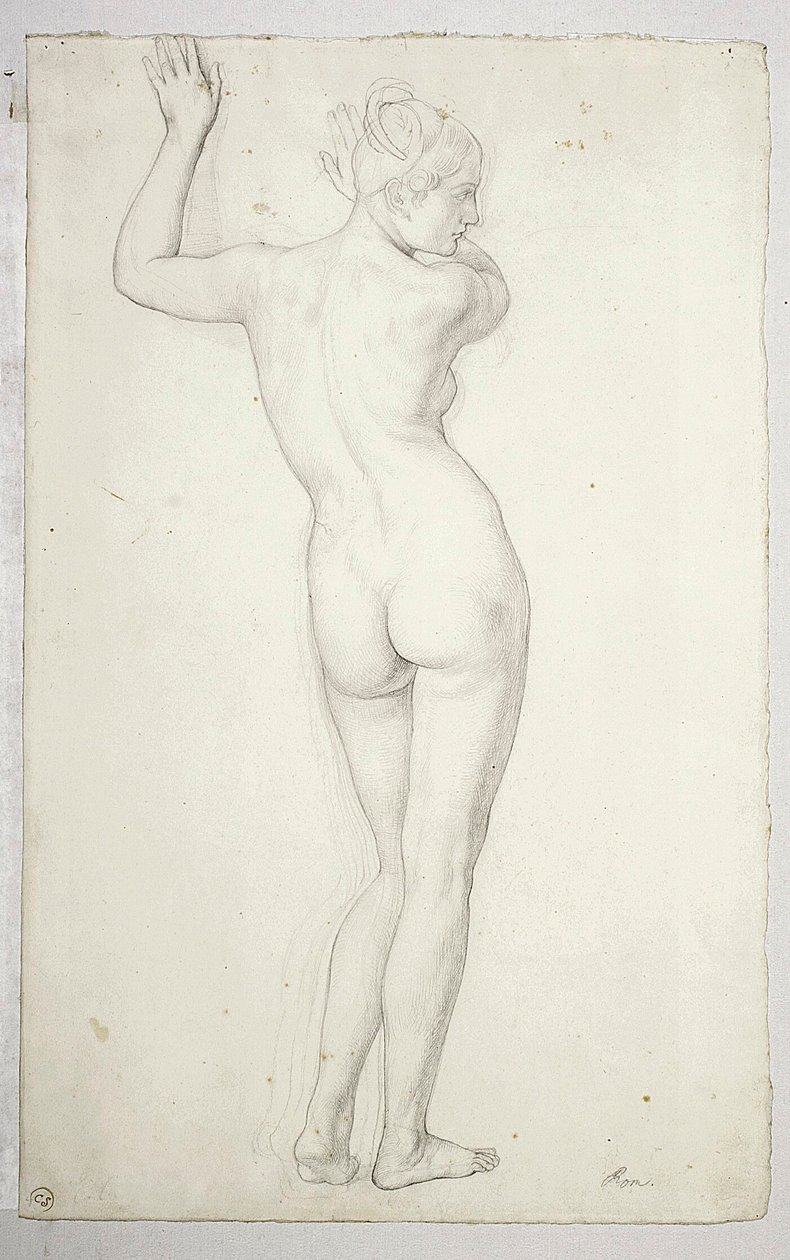 Nu féminin en pose debout, vu de dos ; verso, contour d