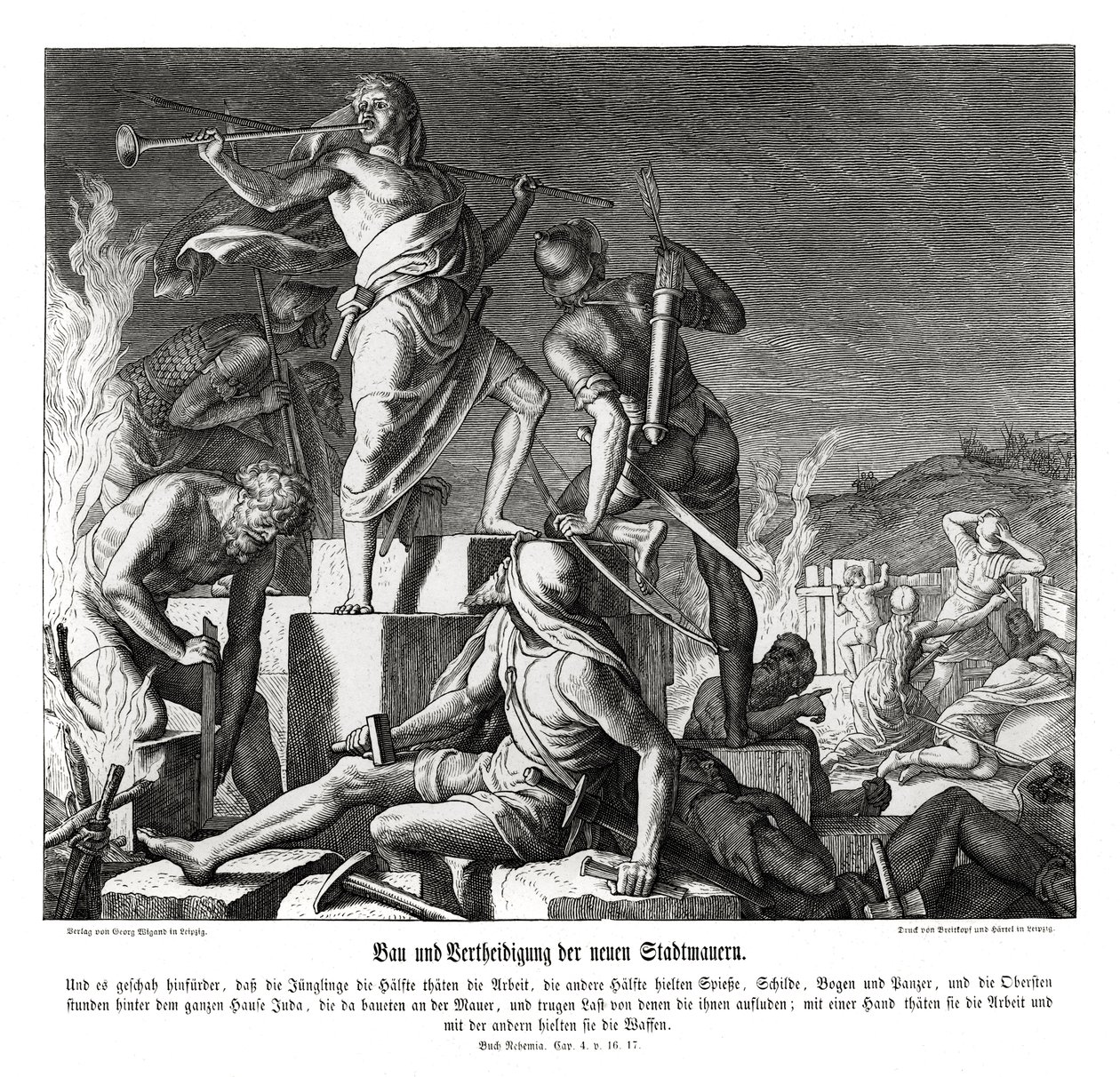 Construction et défense des nouveaux murs de la ville, Néhémie - Julius Schnorr von Carolsfeld