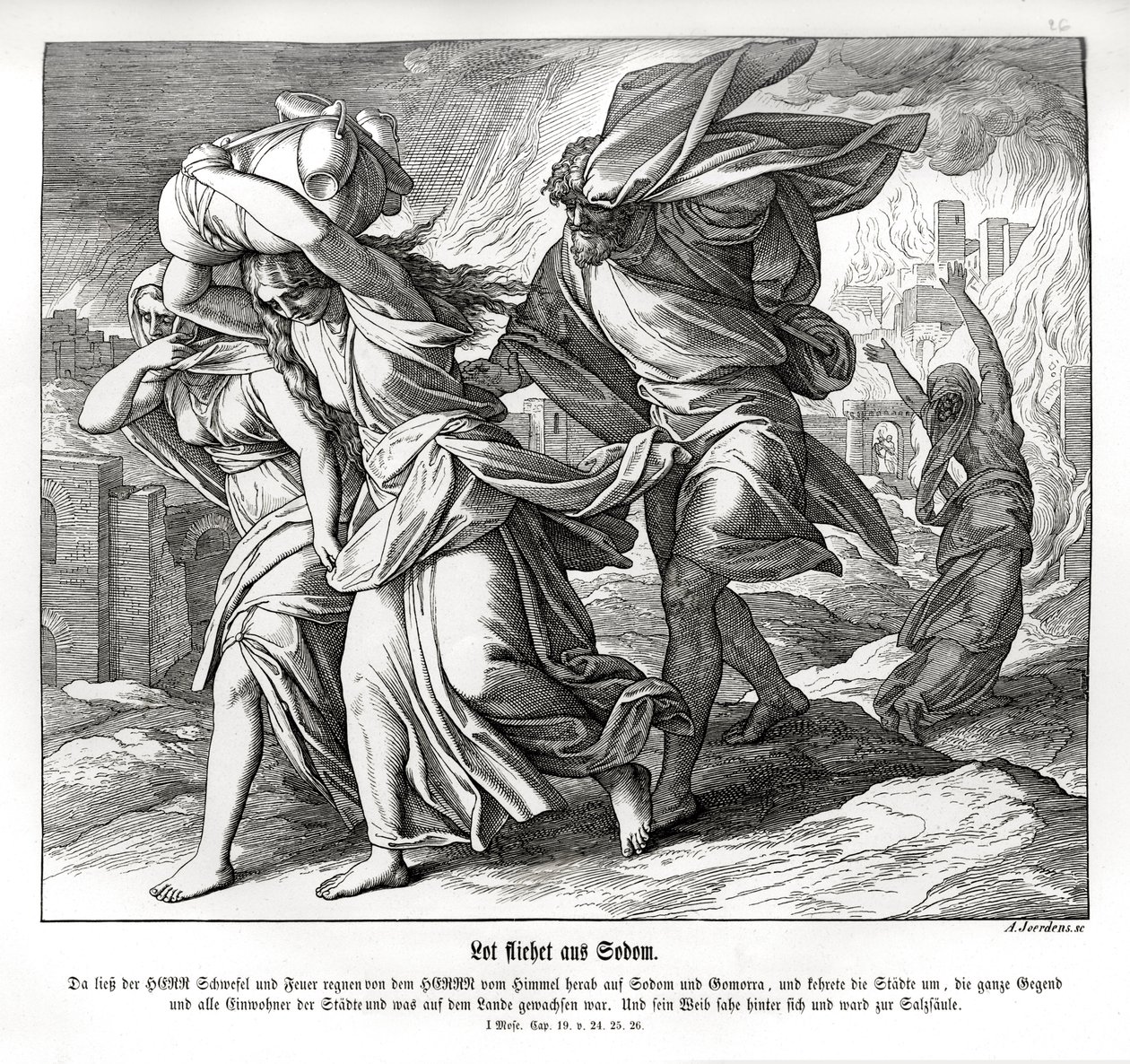 Lot et sa famille fuient Sodome, Genèse - Julius Schnorr von Carolsfeld