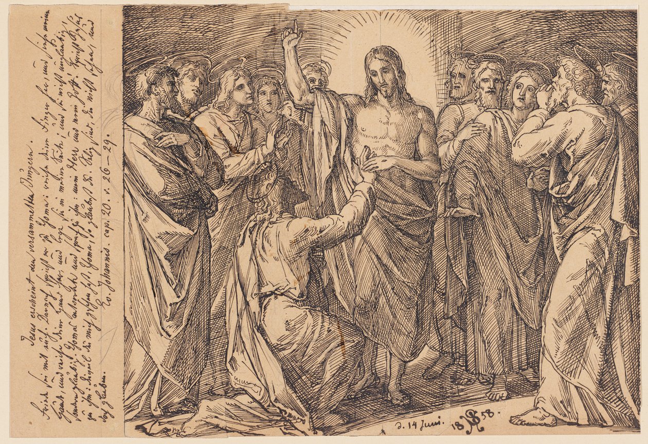 Jésus apparaît aux disciples réunis. La paix soit avec vous. Puis il dit à Thomas : ...? - Julius Schnorr von Carolsfeld