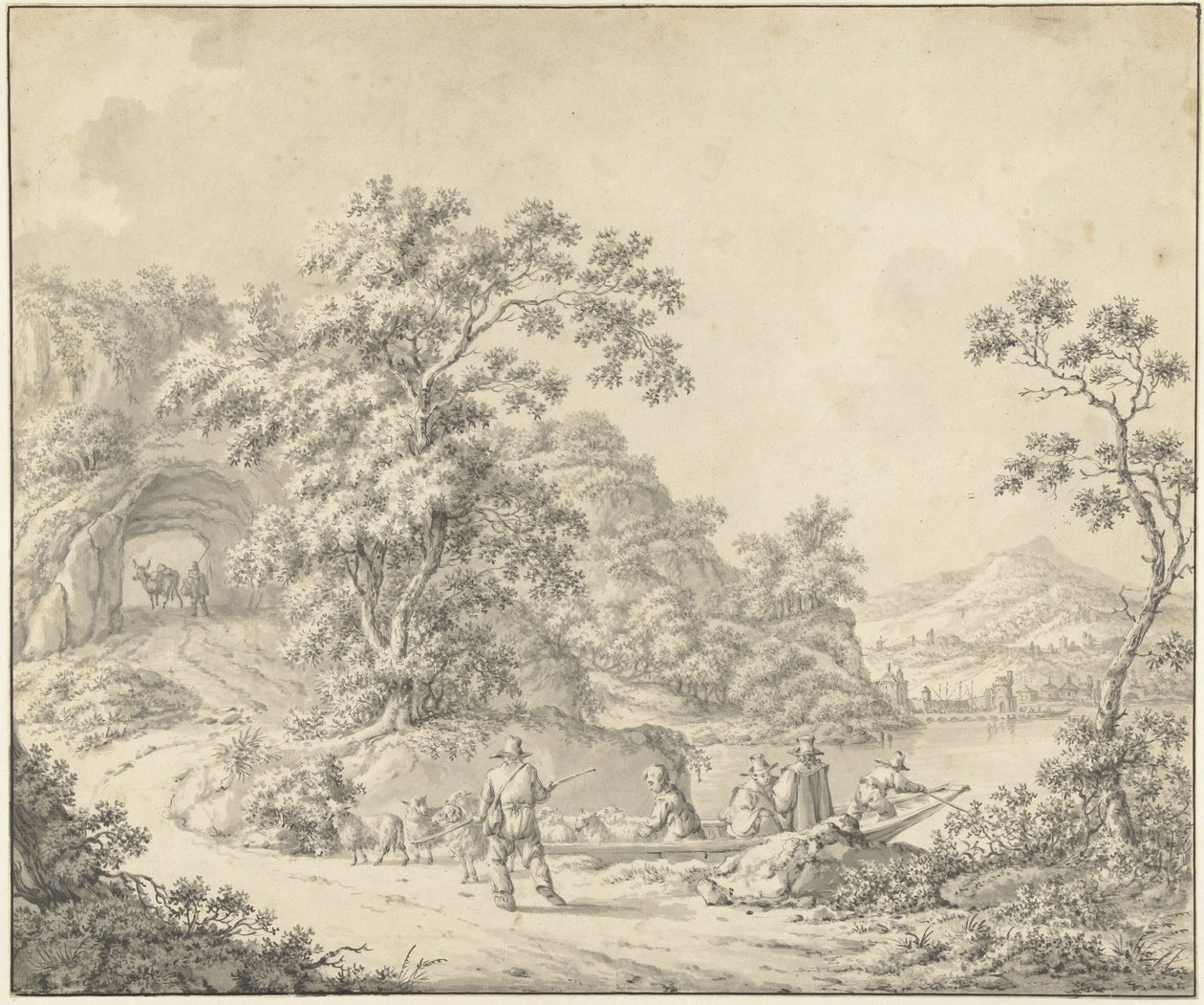 Paysage avec un petit bateau et un berger avec son troupeau - Jurriaan Andriessen (attributed to)