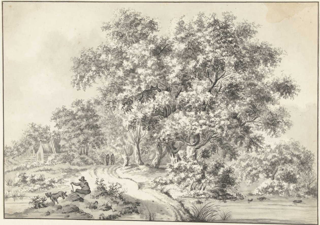 Paysage avec un homme assis avec un chien et des promeneurs sur un chemin - Jurriaan Andriessen (possibly)