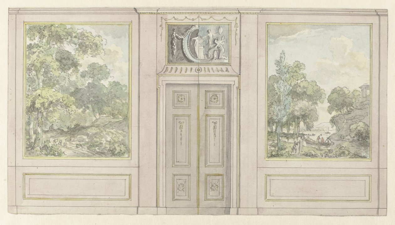 Projet pour un mur de pièce avec deux variantes pour le dessus-de-porte - Jurriaan Andriessen
