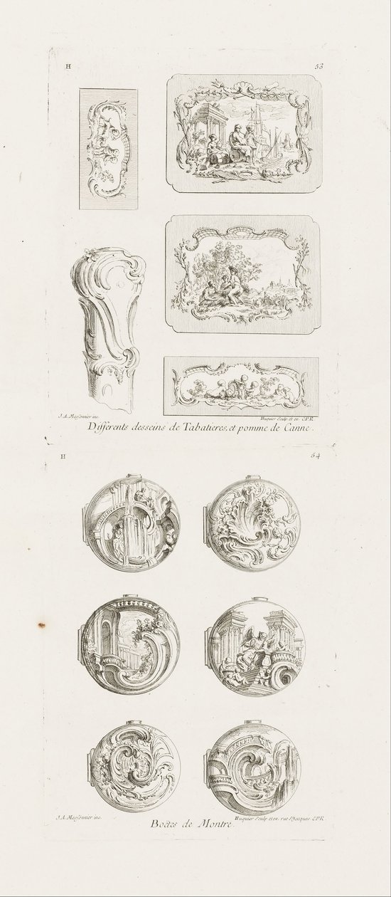 Différents desseins de tabatières et pomme de canne, cinquième planche, pl. 53 dans Oeuvre de Juste-Aurèle Meissonnier - Juste-Aurèle Meissonnier