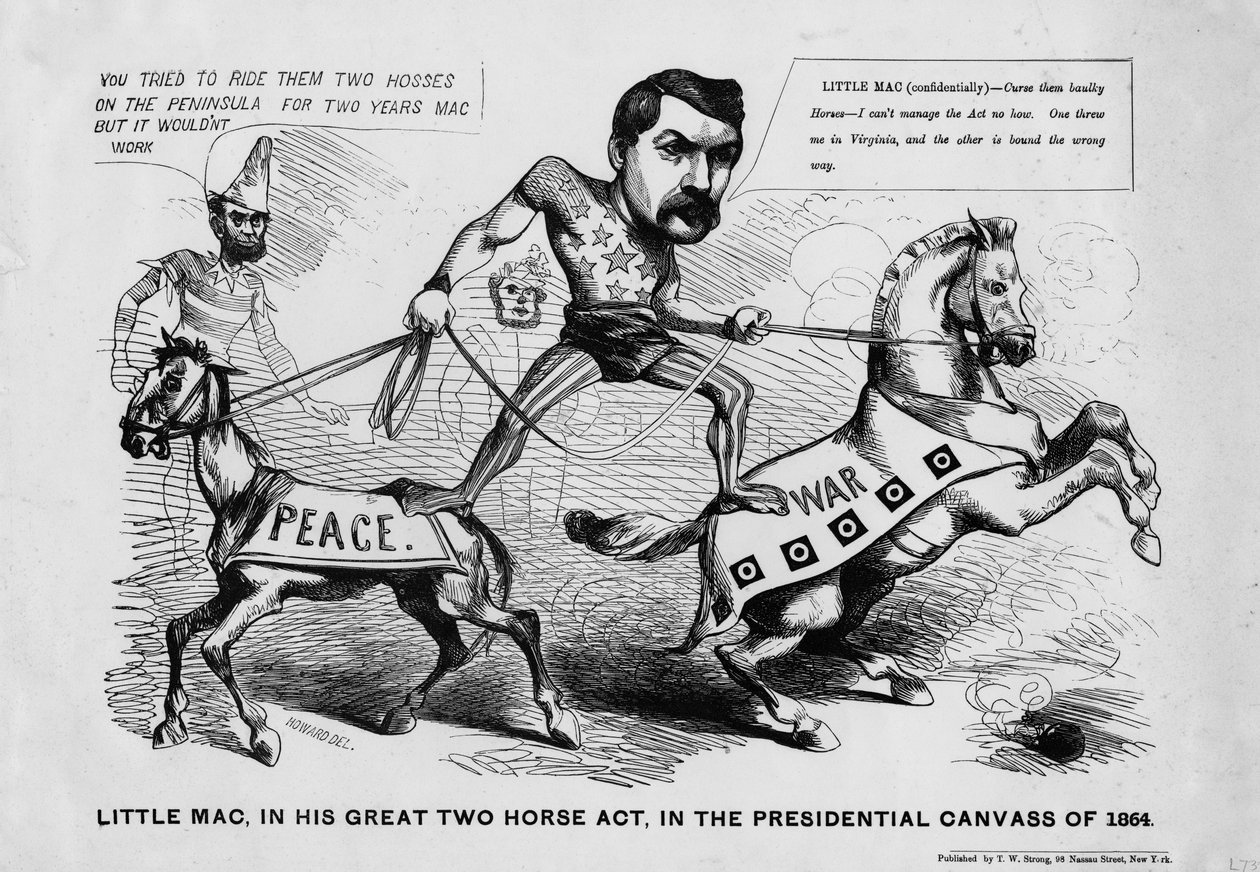 Little Mac, dans son grand numéro à deux chevaux, lors de la campagne présidentielle de 1864, publié par T.W Strong, New York, c.1864 - Justin Howard