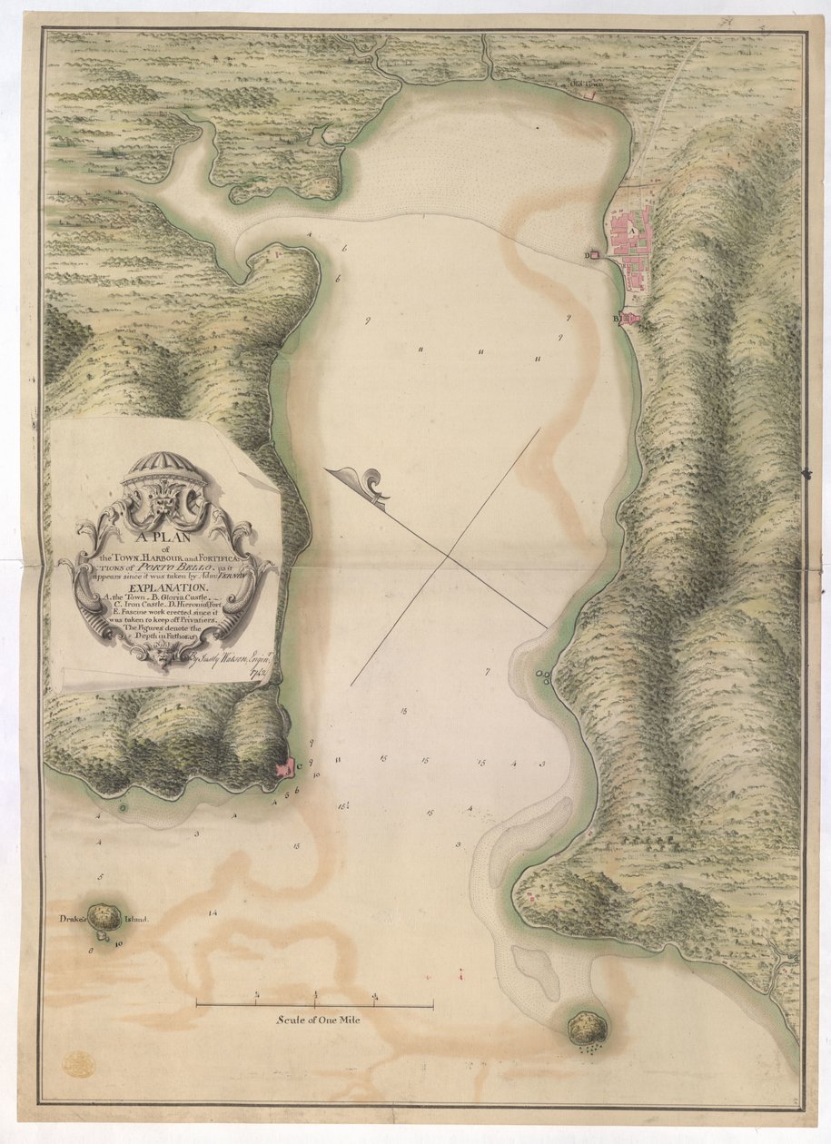Plan de la ville, du port et des fortifications de PORTO BELLO. HARBOUR and FORTIFICATIONS of PORTO BELLO. as it appears since it was taken by Adm : VERNON / Par Justly Watson ; Enginr : 1742. - Justly Watson