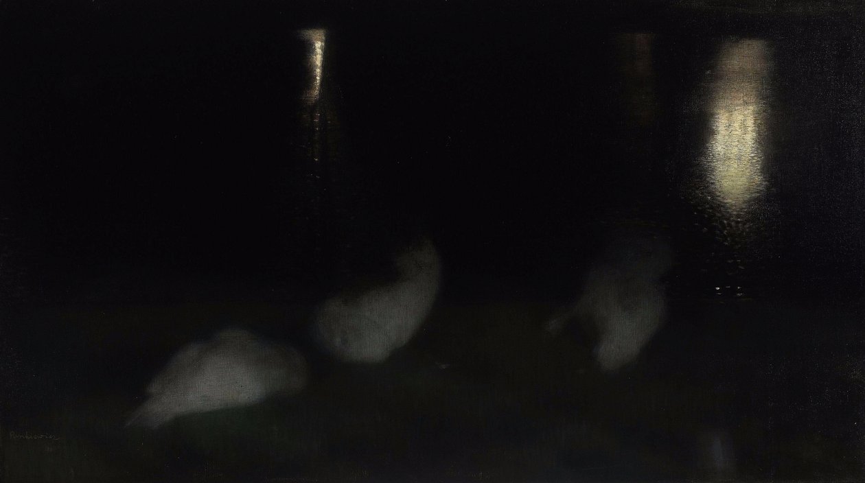 Nocturne. Cygnes dans le Jardin Saxon à Varsovie la nuit - Jozef Pankiewicz
