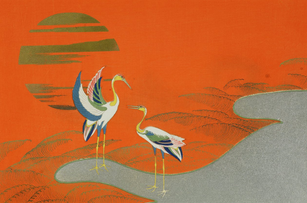 Oiseaux au coucher du soleil sur le lac - Kamisaka Sekka