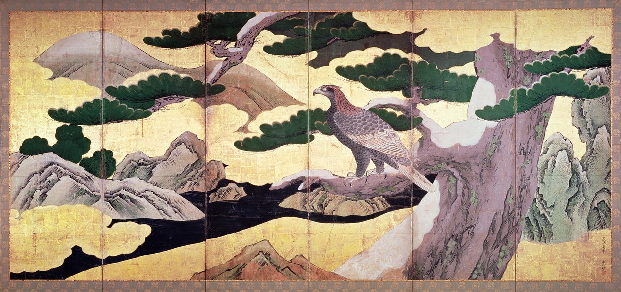 Les faucons dans les pins, paravent à 6 panneaux (encre et couleur, or sur panneau) - Kano Eitoku