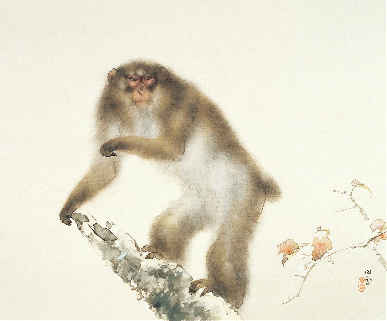 Vieux singe avec une cerise en automne - Hashimoto Kansetsu