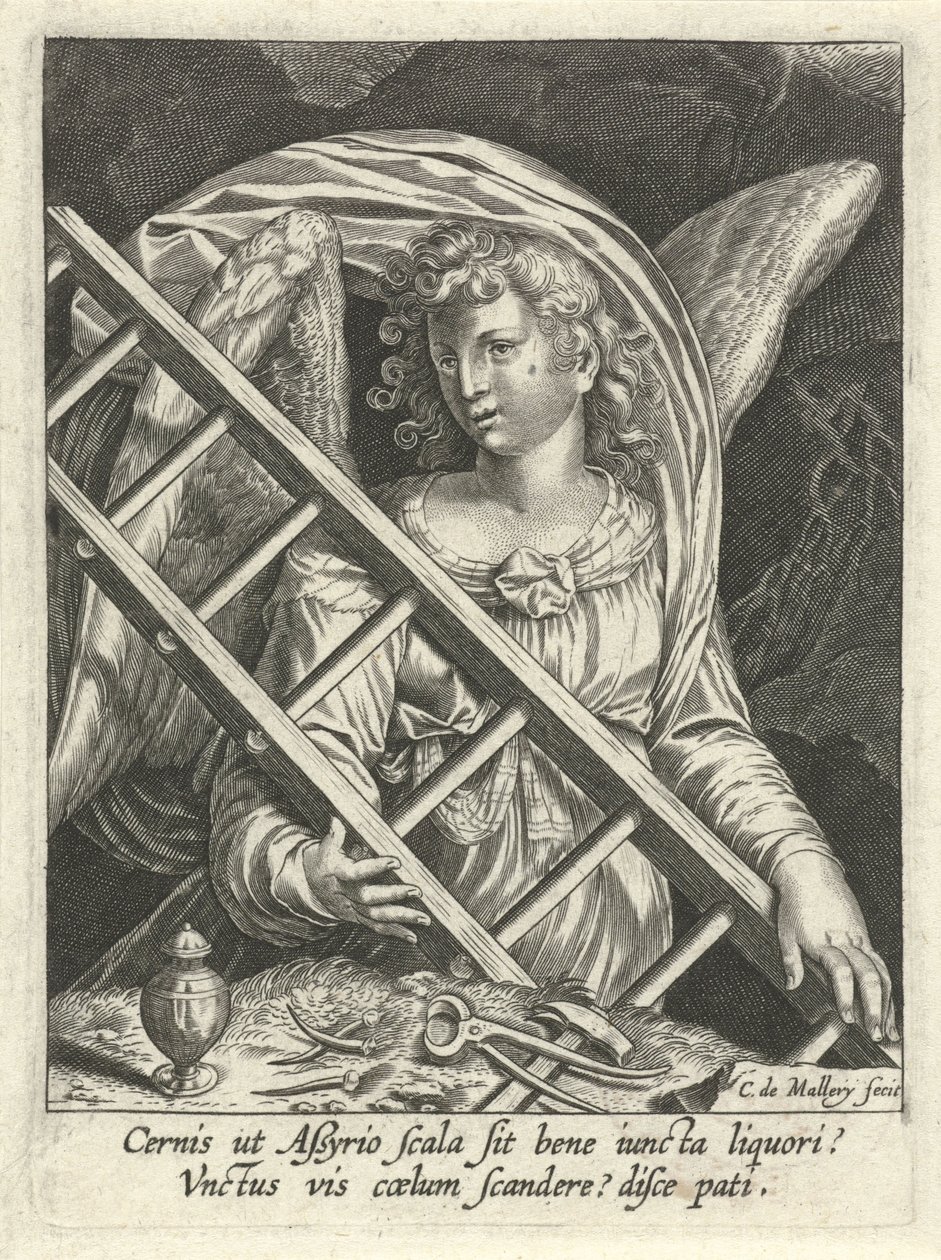 Ange avec échelle, marteau, clous et vase d